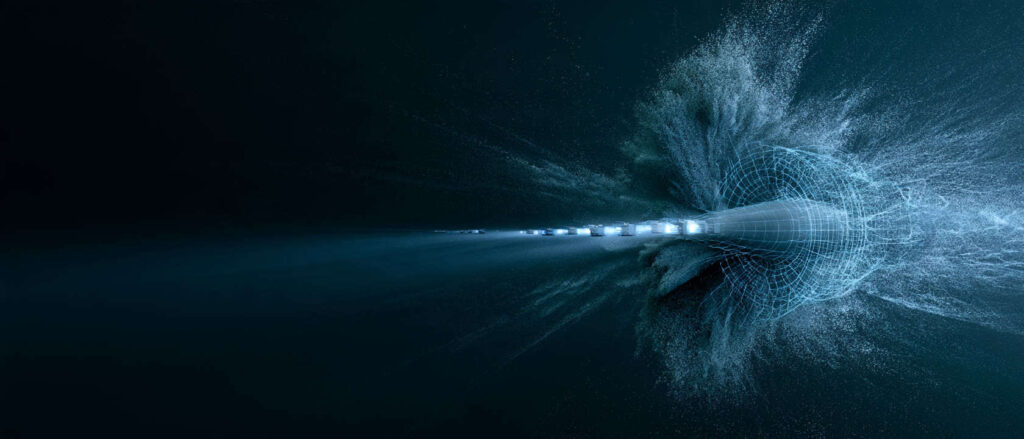 Point cloud dissolving into a blue wireframe surface