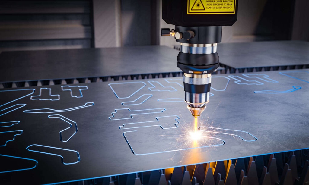 CNC laser cutting head cutting contours into sheet metal