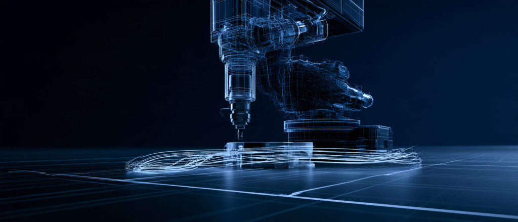 Robot arm as a blue wireframe digital twin with glowing toolpath curves