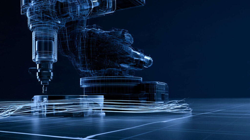 Robot arm as a blue wireframe with glowing toolpath curves