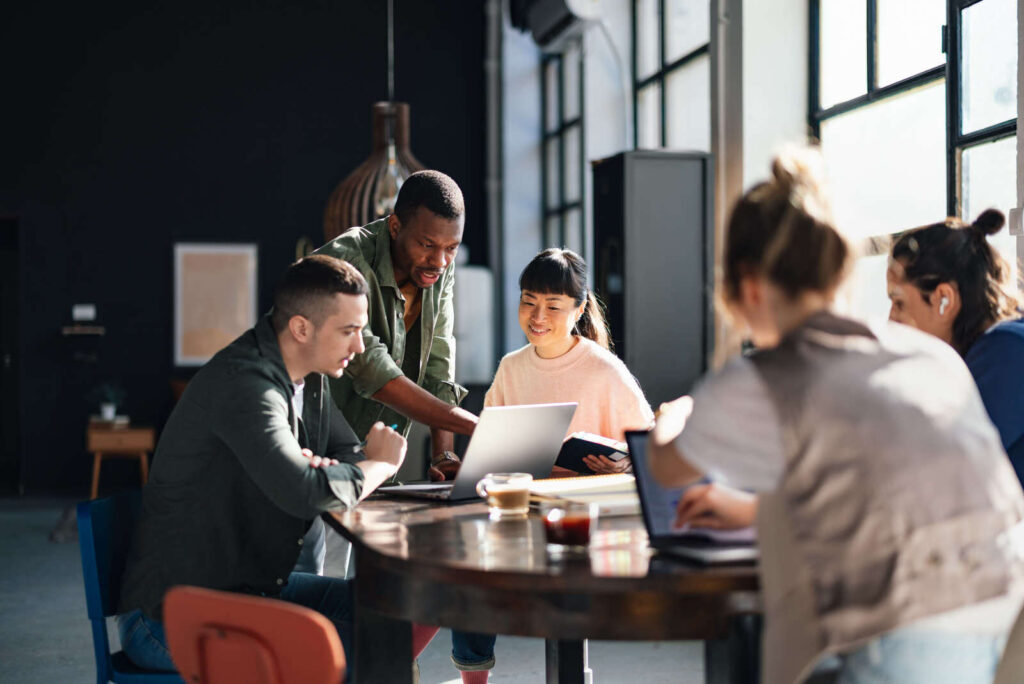 Team working together in a modern co-working space